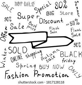 Vector illustration of a ribbon, flag with space for text in the Doodle style. Words on the topic of sales, trade, purchases, sales.Can be used for fabric, textiles, paper, Wallpaper, books.