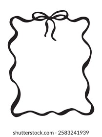 vector illustration, ribbon frame with bow. black and white drawing in doodle style