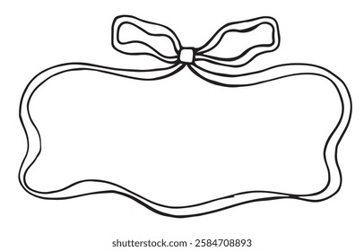 vector illustration, ribbon frame with bow. black and white drawing in doodle style
