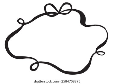 vector illustration, ribbon frame with bow. black and white drawing in doodle style