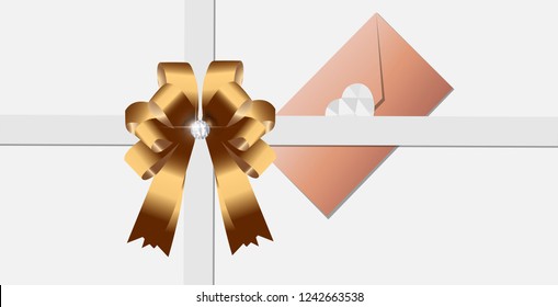Vector illustration Ribbon Lean Gold Bow on White Background.Round brilliant diamonds stick on top.Gift Concept. Pink Greeting.