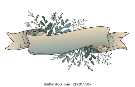Vector illustration of ribbon with stylized herbs and leaves, branches. Simple botanical background for card design, cover, banner decoration, label, floral shop. Place for text.