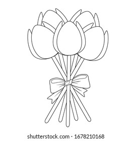 Vector illustration of a ribbon tied bouquet of tulips. Image for coloring.