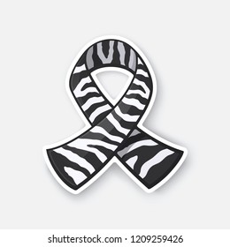 Vector illustration. Ribbon with zebra print, international symbol of Carcinoid cancer and rare-disease awareness. Sticker in cartoon style with contour. Isolated on white background