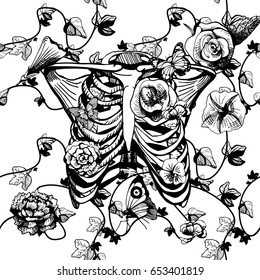 Vector illustration of a ribcage surrounded and covered with plants and flowers on white background. Ribs in black and white engraving style, good for silk screen printing.