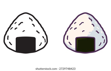vector illustration of rice ball snacks with seaweed filling , outline and colored version 