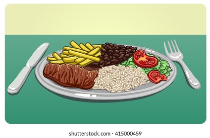 Vector Illustration rice   beans  and fork   knife table 