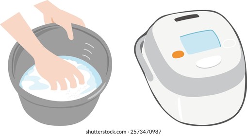 Vector illustration of rice being polished and rice cooker