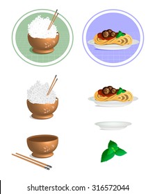Vector illustration of a Rice Bowl, Chopstick and Pasta. 