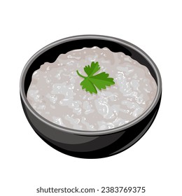 Vector illustration, rice porridge in a bowl, with parsley leaves garnish, isolated on white background.