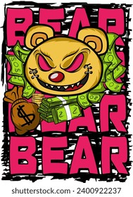 vector illustration of a rich bear scattered with money. designs for t-shirts, hoodies, hats, banners, stickers and others