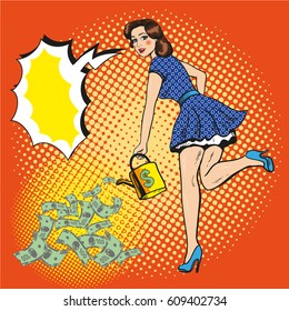 Vector illustration of rich and beautiful young woman watering paper money with watering can, speech bubble. Retro pop art comic style.