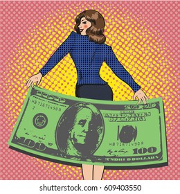 Vector illustration of rich business woman with a hundred dollar bill in retro pop art comic style.