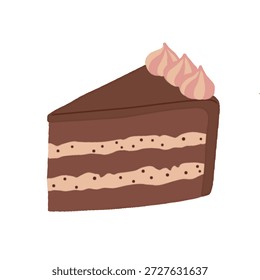 Una Ilustración vectorial de una rica rebanada de pastel de chocolate con relleno cremoso y picos de glaseado rosa en la parte superior.