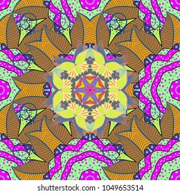 Vector illustration. Rich ethnic striped seamless pattern geometric design. Colored mandala on yellow, brown and green colors. Mandala style.
