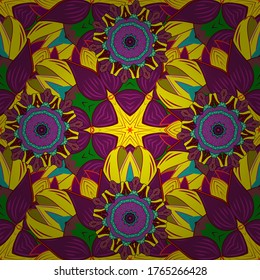 Vector illustration. Rich ethnic striped seamless pattern geometric design. Mandala style. Colored mandala on red, purple and yellow colors.