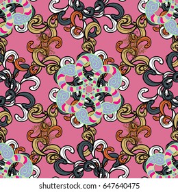 Vector illustration. Rich ethnic striped seamless pattern geometric design. Colored mandala on blue background. Mandala style.
