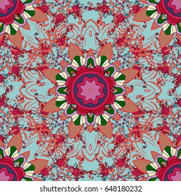 Vector illustration. Rich ethnic striped seamless pattern geometric design. Colored mandala on blue background. Mandala style.