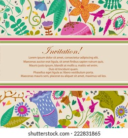 Vector illustration of a rich floral background with whimsical plants and flowers in bright cheerful colors