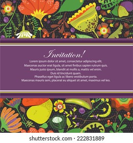 Vector illustration of a rich floral background with whimsical plants and flowers in bright cheerful colors