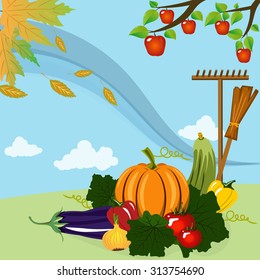 Vector illustration. Rich harvest of vegetables and fruits