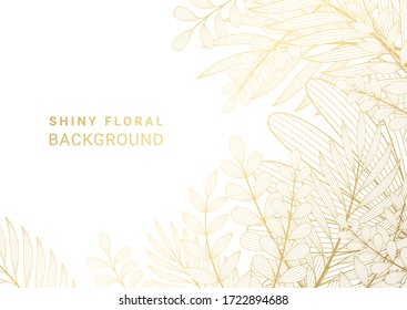 Vector illustration in rich luxury style with space for text. White background with golden exotic palm leaves. Shiny gold backdrop for greeting cards, posters, banners and etc.