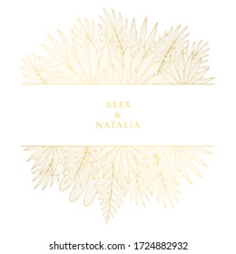 Vector illustration in rich luxury style with space for text. White background with golden exotic palm leaves. Shiny gold backdrop for greeting cards, posters, banners and etc.