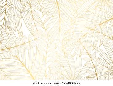 Vector illustration in rich luxury style. White background with golden exotic palm leaves. Shiny gold backdrop for greeting cards, posters, banners and etc.