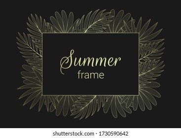 Vector illustration in rich luxury style with space for text. Golden metallic frame with exotic palm leaves on black background. Elegant template for greeting cards, posters, banners and etc.