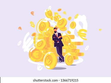 Vector illustration of a rich man in a suit against the background of wealth, gold coins, international currency, gold reserve