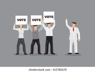 Vector illustration of rich man in white suit garnering support from fans and voters holding signs. Vector illustration on voters support for candidate concept.
