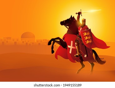 Vector illustration of Richard the Lionheart holding a sword and shield on horseback