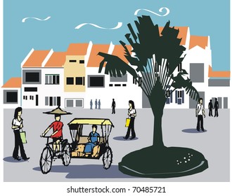 Vector Illustration Of Rickshaw In Singapore.