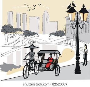 Vector Illustration Of Rickshaw, Singapore