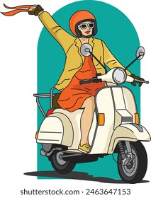 Vector Illustration ride girl scooter in summer scene in white background