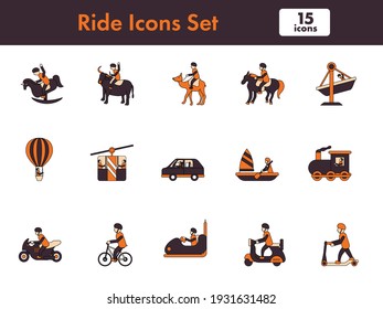 Vector Illustration Of Ride Icon Set In Orange And Dark Magenta Color.