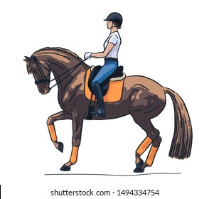 Vector illustration of a rider and horse execute the piaffe.