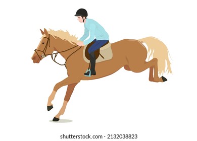 vector illustration of a rider sitting on a running and jumping horse, isolated on a white background. The theme of equestrian sports