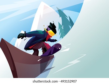 Vector illustration rider snowboarder slides on a rail. Winter extreme sport