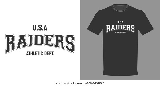 Vector illustration of RIDERS T-shirt, USA, Athletic Department. Typographic print slogan for printing. Varsity League, college jersey, retro design, old school style