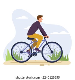 Vector illustration of riding a bicycle. Cartoon scene with a boy who happily rides a bike on white background.