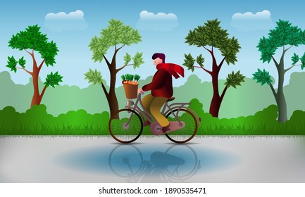 Ilustración vectorial de montar en bicicleta, diseño plano.
