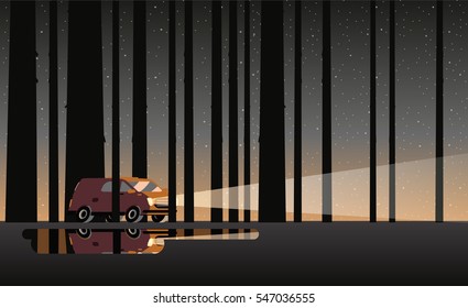 Vector illustration of riding a car through the woods at night