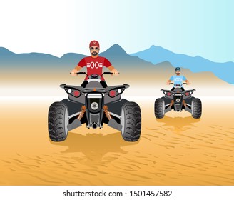 Vector Illustration. Riding a quad bike in the desert.