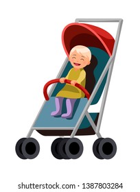 Vector illustration of riding toddlers in prams. Cartoon realistic people illustration. Flat baby. Front view. Isometric. Children. Baby carriage. Newborn baby.