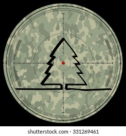 Vector illustration of a rifle lens aiming a Christmas tree