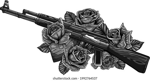 Ilustración vectorial de rifle con diseño de rosas