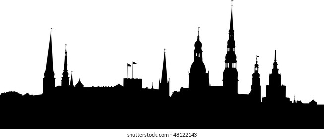 Vector illustration of Riga old city panorama silhouette.