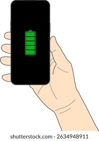 vector illustration of right hand holding smartphone with full battery icon on screen 
