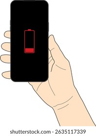 vector illustration of right hand holding smartphone with low battery icon on screen. Vector illustration of a right hand holding a smartphone displaying a low battery icon red color. Concept of low 